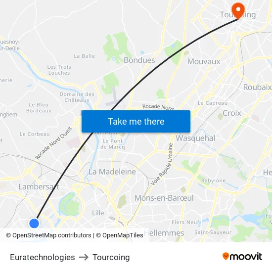 Euratechnologies to Tourcoing map