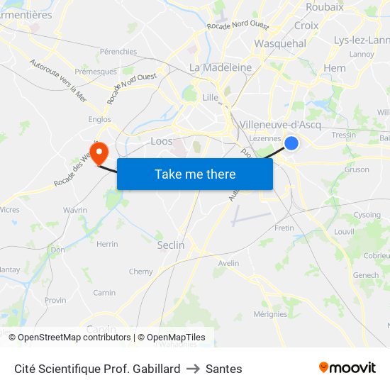 Cité Scientifique Prof. Gabillard to Santes map