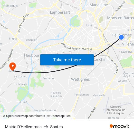 Mairie D'Hellemmes to Santes map