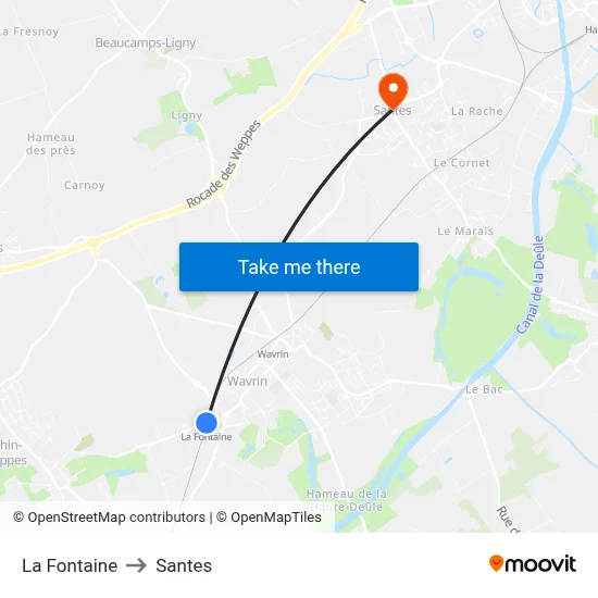La Fontaine to Santes map