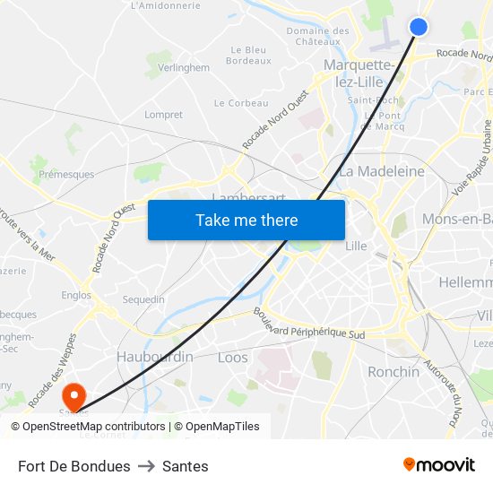 Fort De Bondues to Santes map