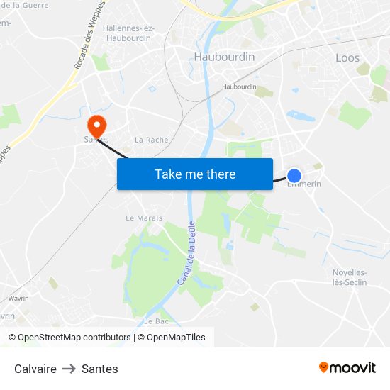 Calvaire to Santes map