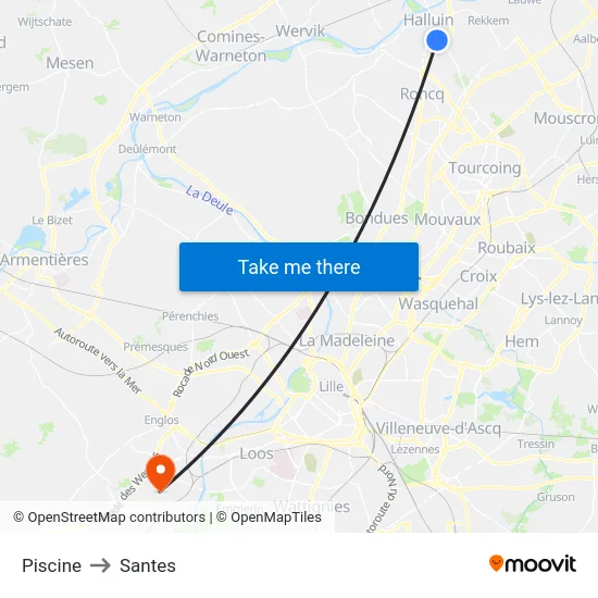 Piscine to Santes map