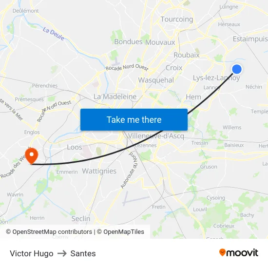 Victor Hugo to Santes map