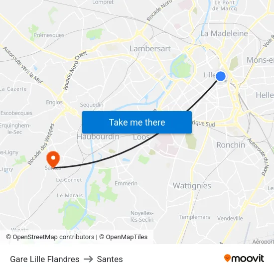 Gare Lille Flandres to Santes map