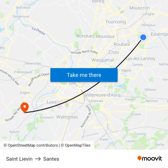 Saint Lievin to Santes map