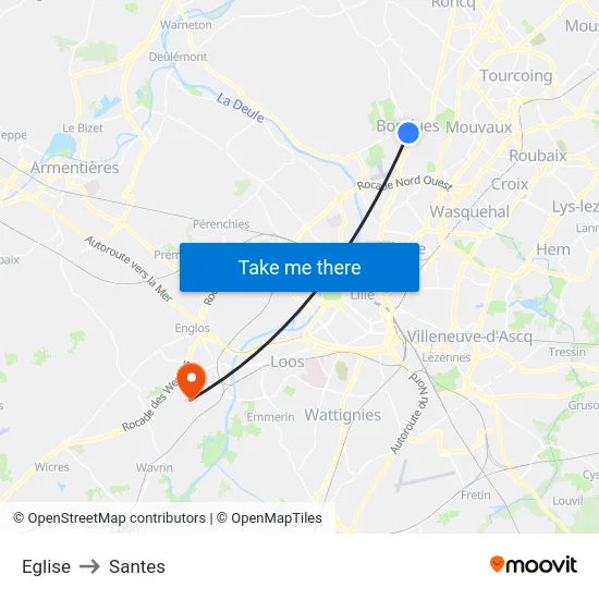 Eglise to Santes map