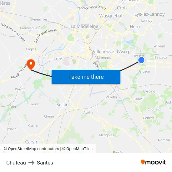 Chateau to Santes map