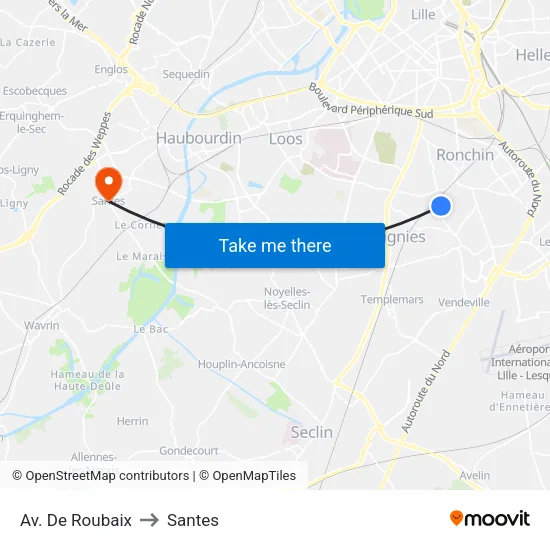 Av. De  Roubaix to Santes map