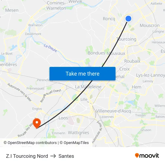 Z.I Tourcoing Nord to Santes map