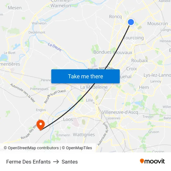 Ferme Des Enfants to Santes map