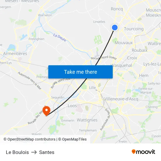 Le Boulois to Santes map