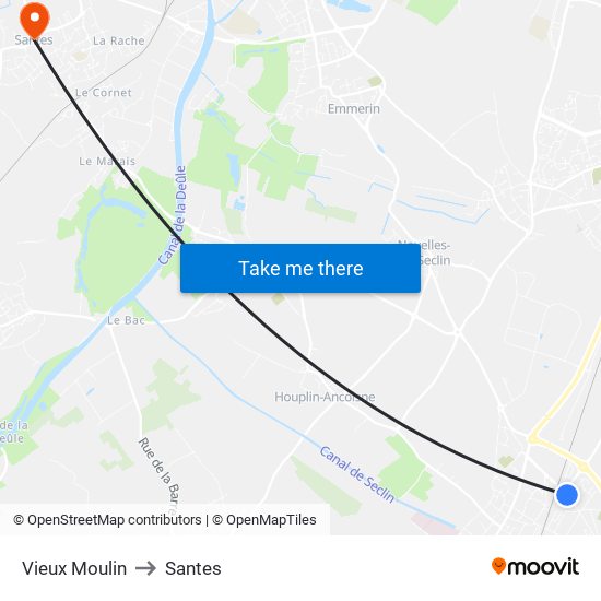 Vieux Moulin to Santes map