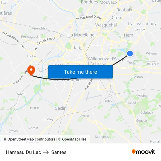 Hameau Du Lac to Santes map