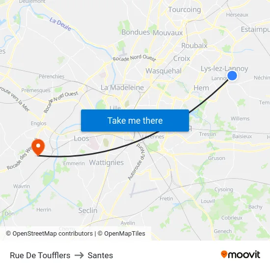 Rue De Toufflers to Santes map