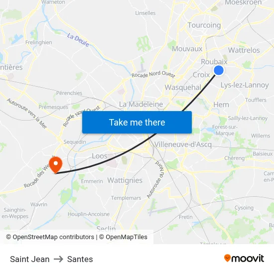 Saint Jean to Santes map