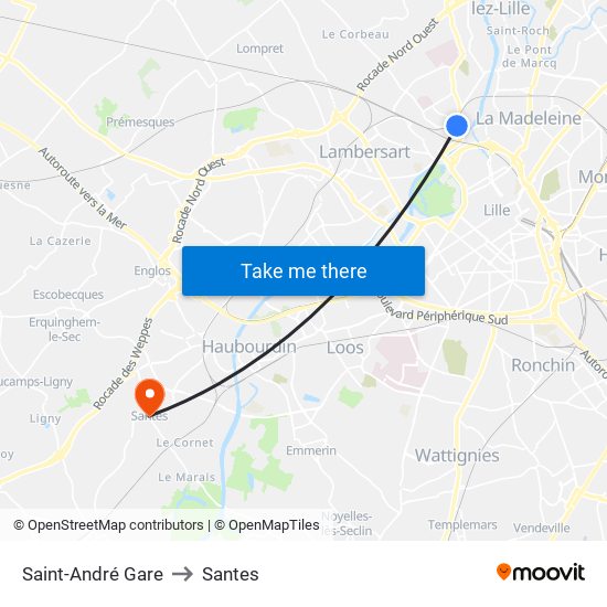 Saint-André Gare to Santes map