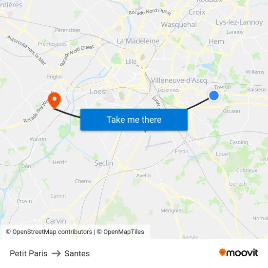 Petit Paris to Santes map