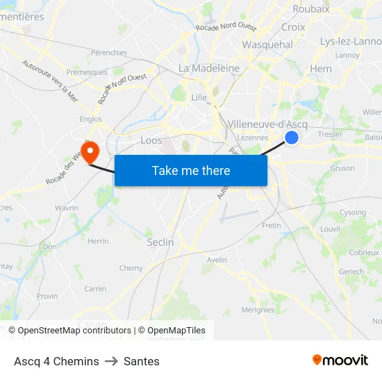 Ascq 4 Chemins to Santes map