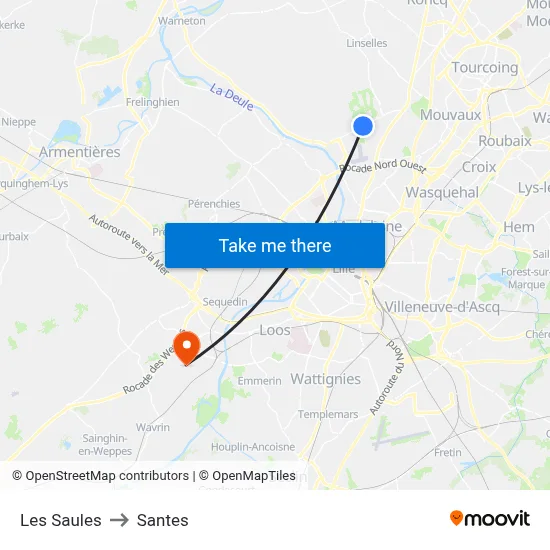 Les Saules to Santes map