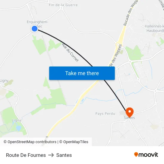 Route De Fournes to Santes map