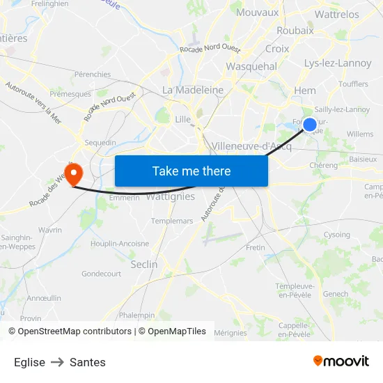 Eglise to Santes map