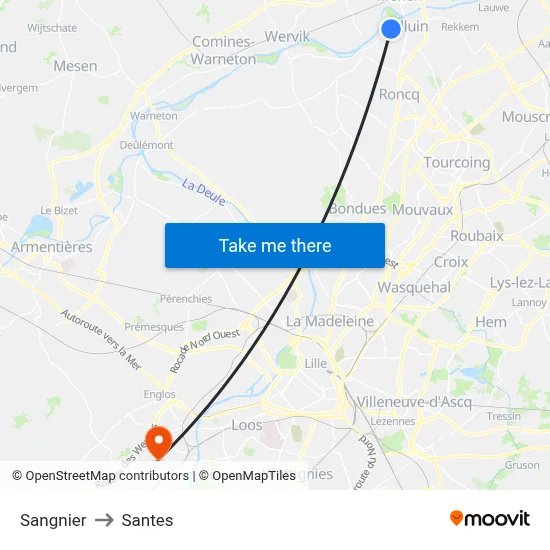 Sangnier to Santes map