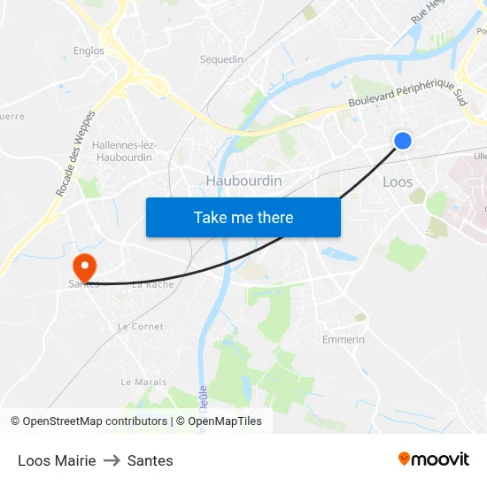 Loos Mairie to Santes map