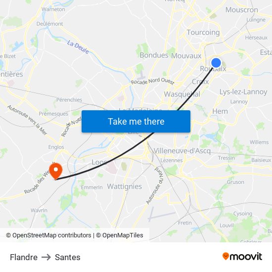 Flandre to Santes map