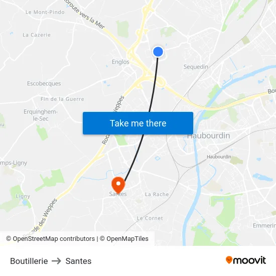 Boutillerie to Santes map