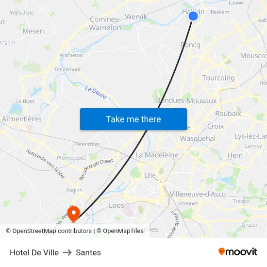 Hotel De Ville to Santes map