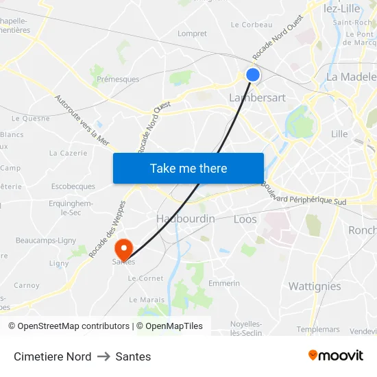 Cimetiere Nord to Santes map