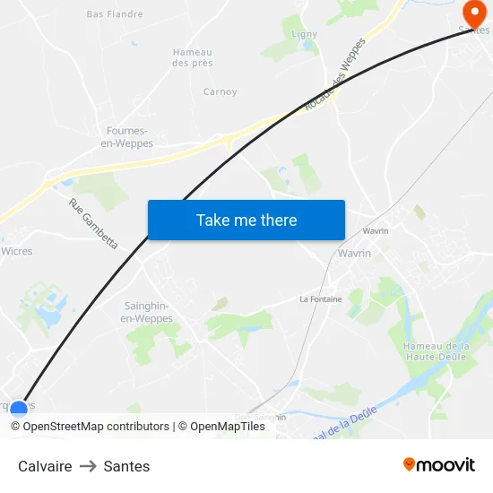 Calvaire to Santes map