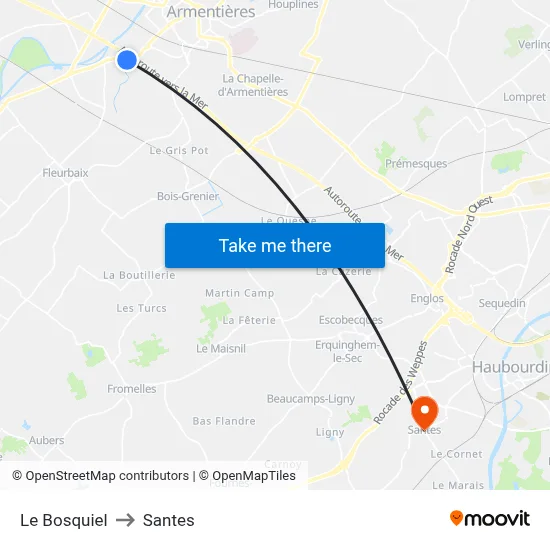 Le Bosquiel to Santes map