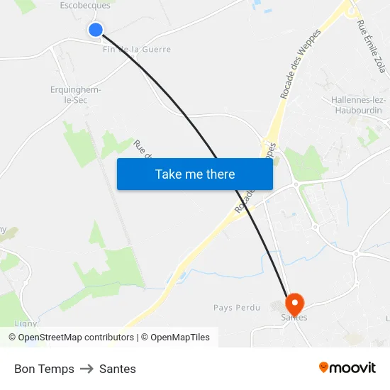 Bon Temps to Santes map