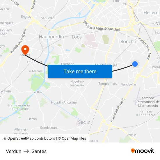 Verdun to Santes map