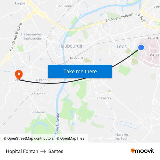 Hopital Fontan to Santes map