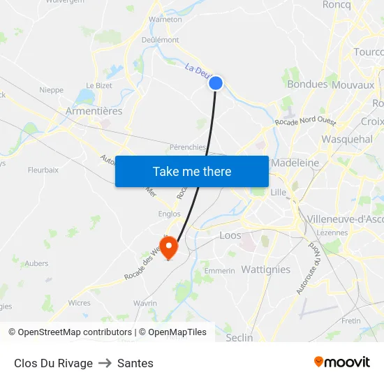 Clos Du Rivage to Santes map