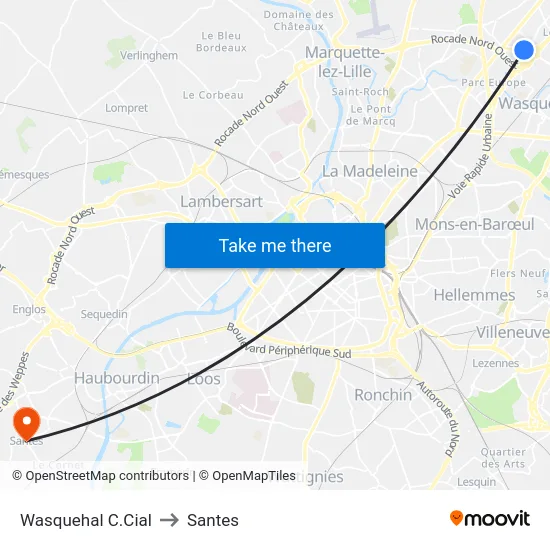 Wasquehal C.Cial to Santes map