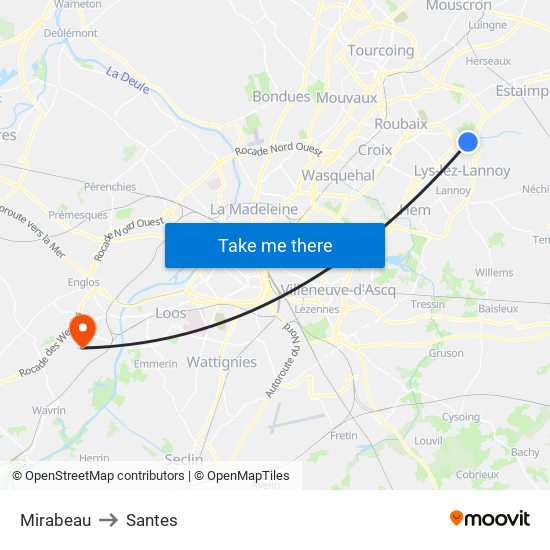 Mirabeau to Santes map