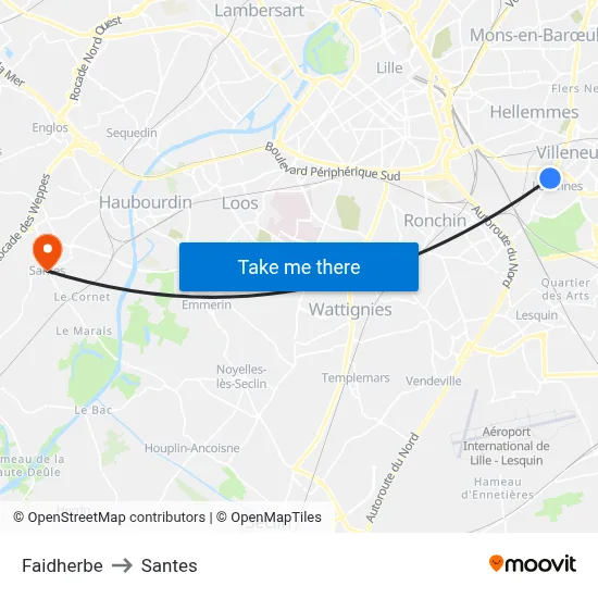 Faidherbe to Santes map