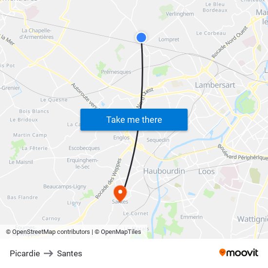 Picardie to Santes map