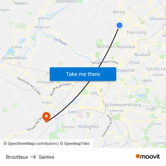 Broutteux to Santes map