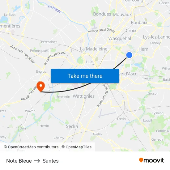 Note Bleue to Santes map