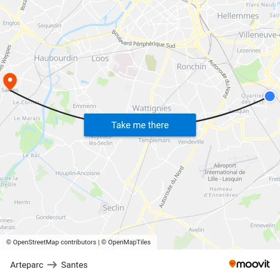 Arteparc to Santes map