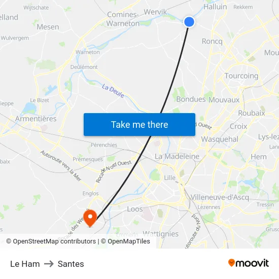 Le Ham to Santes map