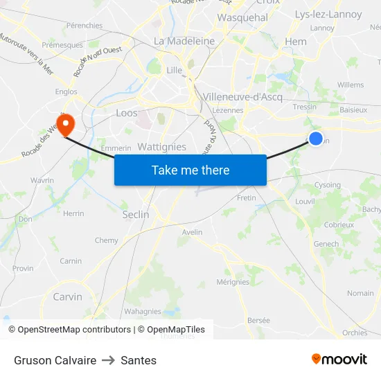 Gruson Calvaire to Santes map