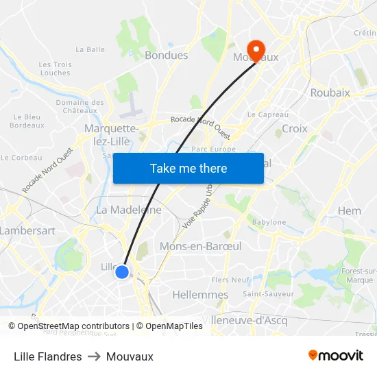 Lille Flandres to Mouvaux map