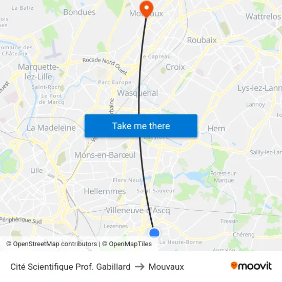 Cité Scientifique Prof. Gabillard to Mouvaux map