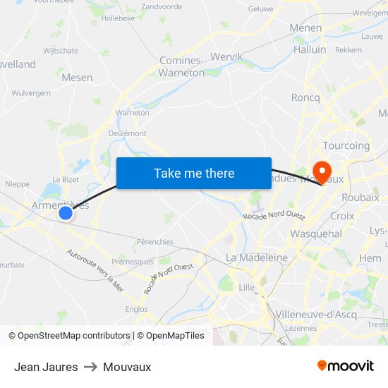 Jean Jaures to Mouvaux map